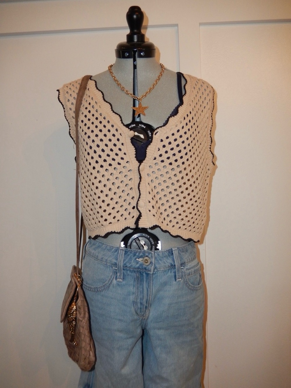 Promesa Cream Crochet V-Neck Vest with Black Scalloped Trim